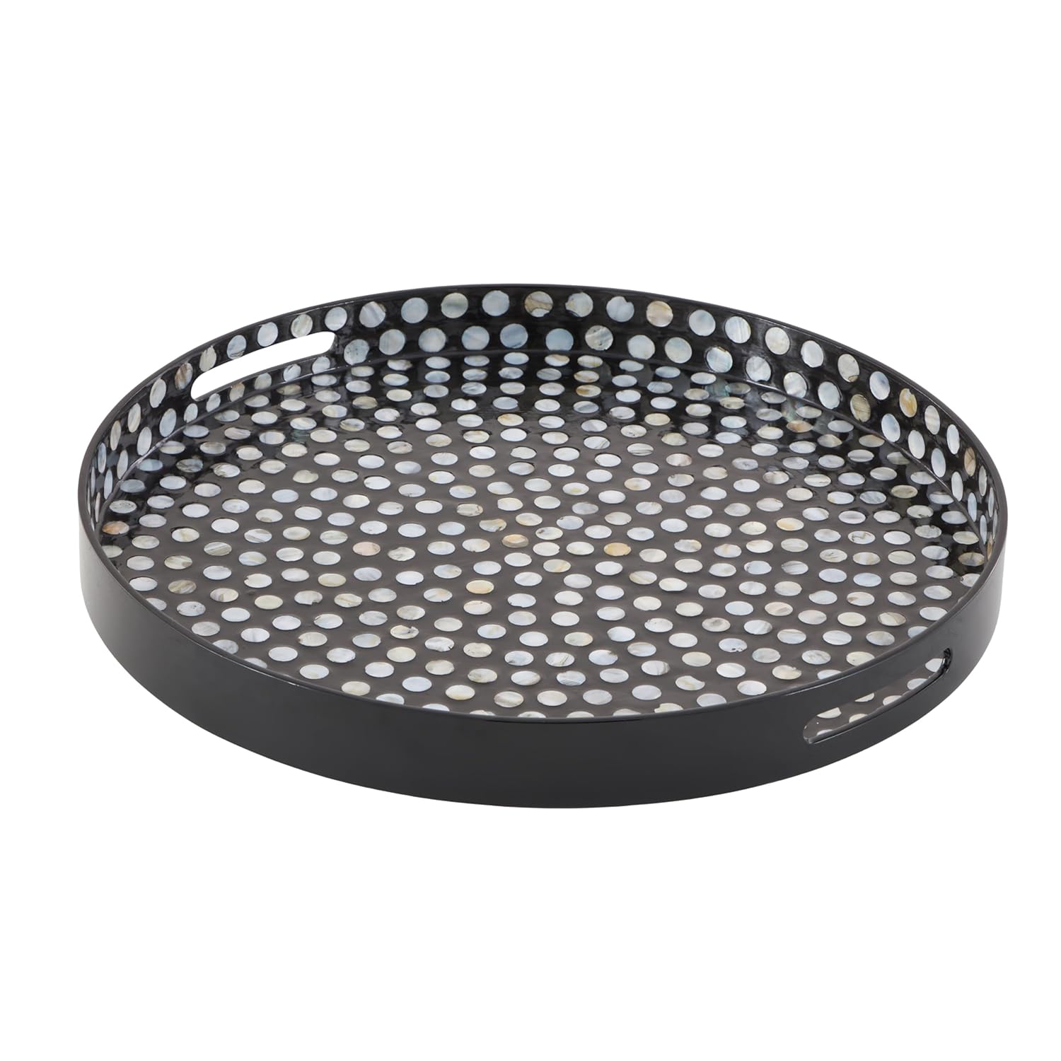 Deco 79 Mother of Pearl Shell Handmade Living Room Decor Tray Ottoman Tray with Slot Handles, Serving Tray 24" x 24" x 3", Black