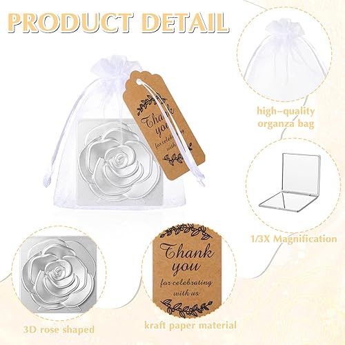Miniatura 9 de Soaoo Juego de 30 espejos compactos de rosas a granel, recuerdos de fiesta de boda para invitados en forma de rosa, espejo portátil de viaje con