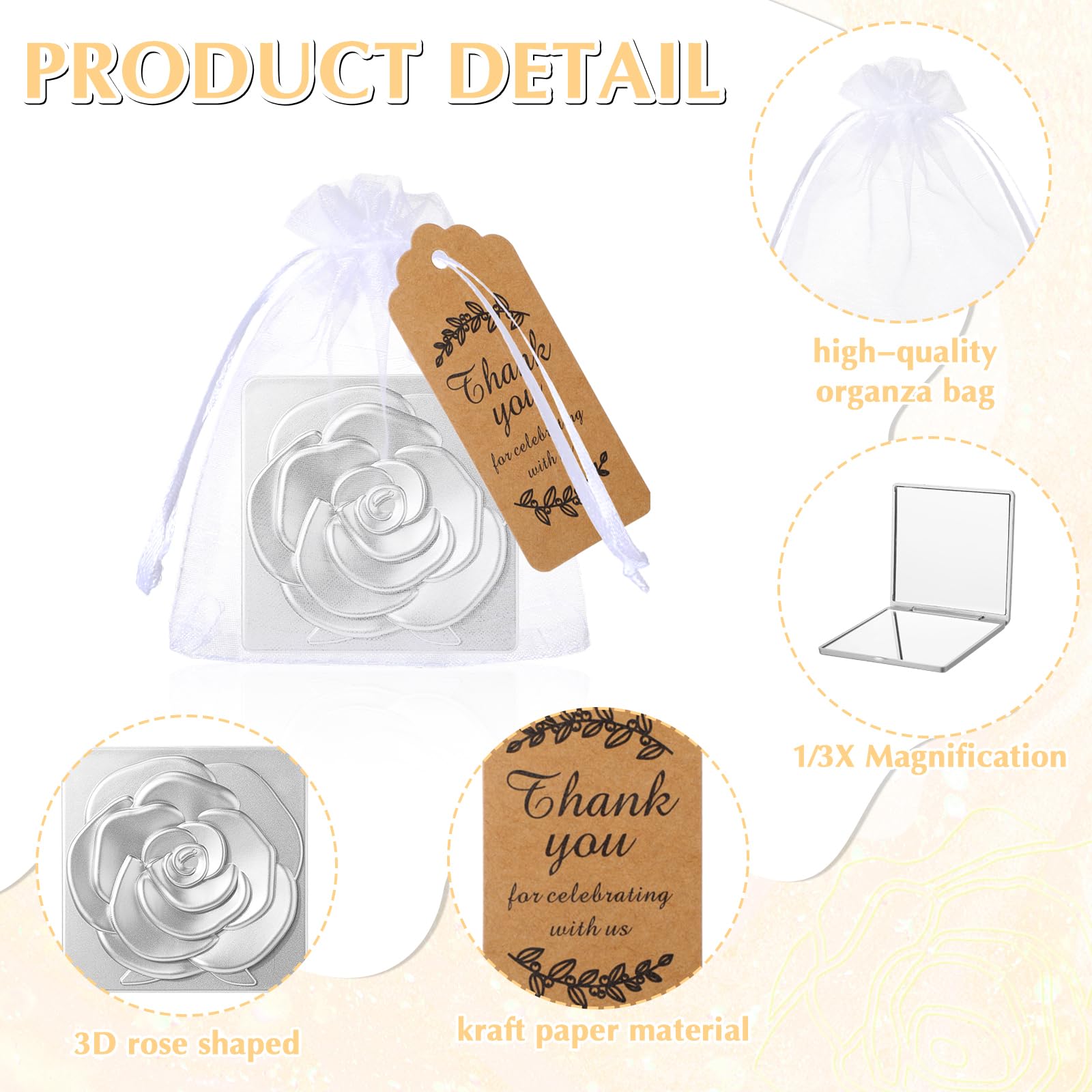 Soaoo Quinceanera Taschenspiegel Set – 30 Stück Mit Dankeskarten & Organza-Beuteln, 7x7 Cm, Für Hochzeitsgeschenke, Junggesellinnenabschied, Souvenirs