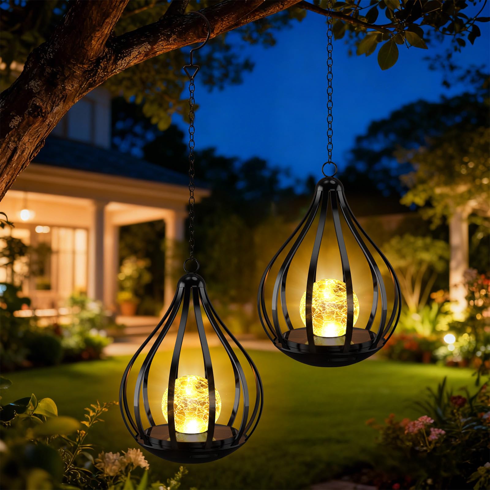 Farolillos Solares Exterior, 2 Piezas Lamparas Solares Exterior Jardin, Luces Solares Metálicas Suspendidas Impermeables, Decoracion Jardin Exterior, Aptas para Balcones, Patios y Terrazas