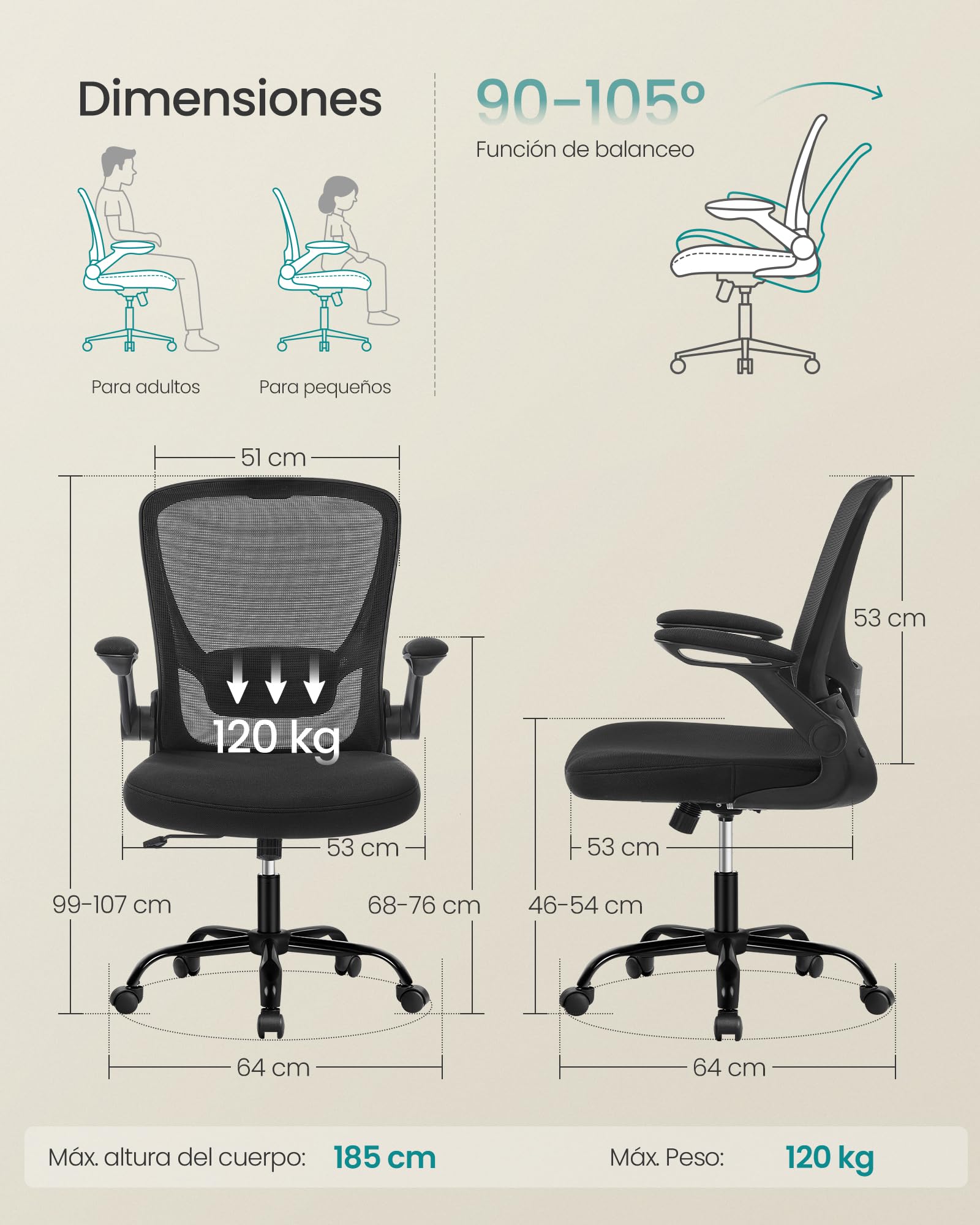 SONGMICS Silla de Oficina, Silla de Escritorio de Malla, Silla Giratoria Ergonómica, Soporte Lumbar, Oscilante, Asiento de 53 cm, Apoyabrazos Abatibles, Negro OBN037BKV2 - 4