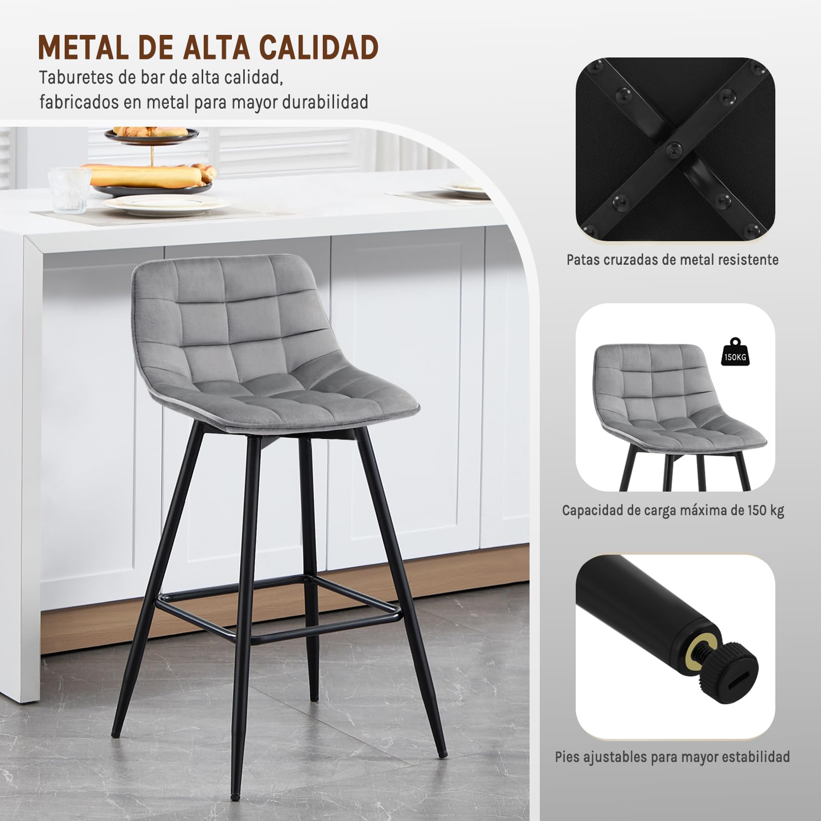 WOLTU Taburete de Bar Juego de 4 con Respaldo, Terciopelo, Gris Claro