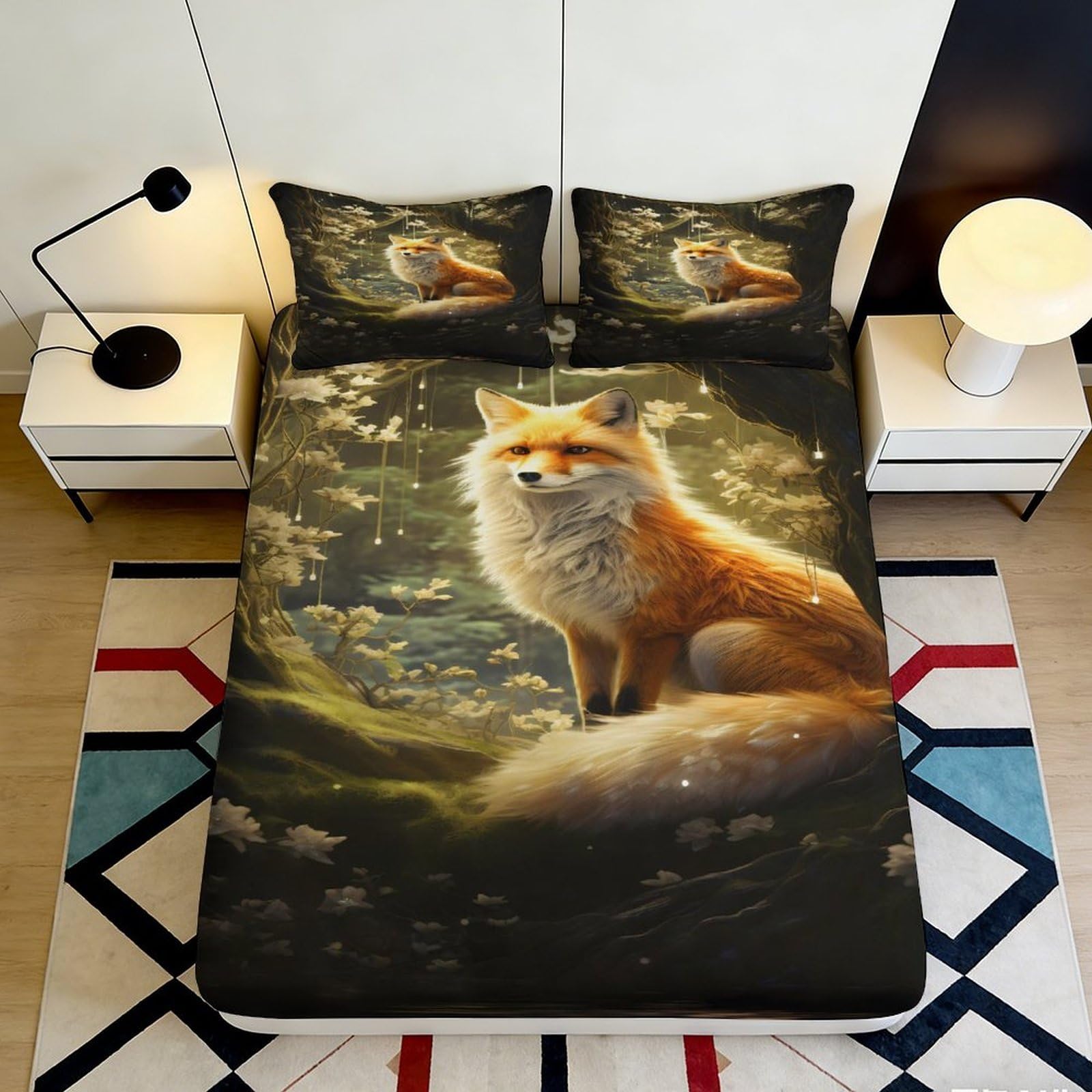 3D Printed Fox Design Fitted Sheet Microfiber Soft Durable Enchanted Forest Bed Cover for Bedroom Dormitory Guest Room Mattress Protection 180x200x25cm