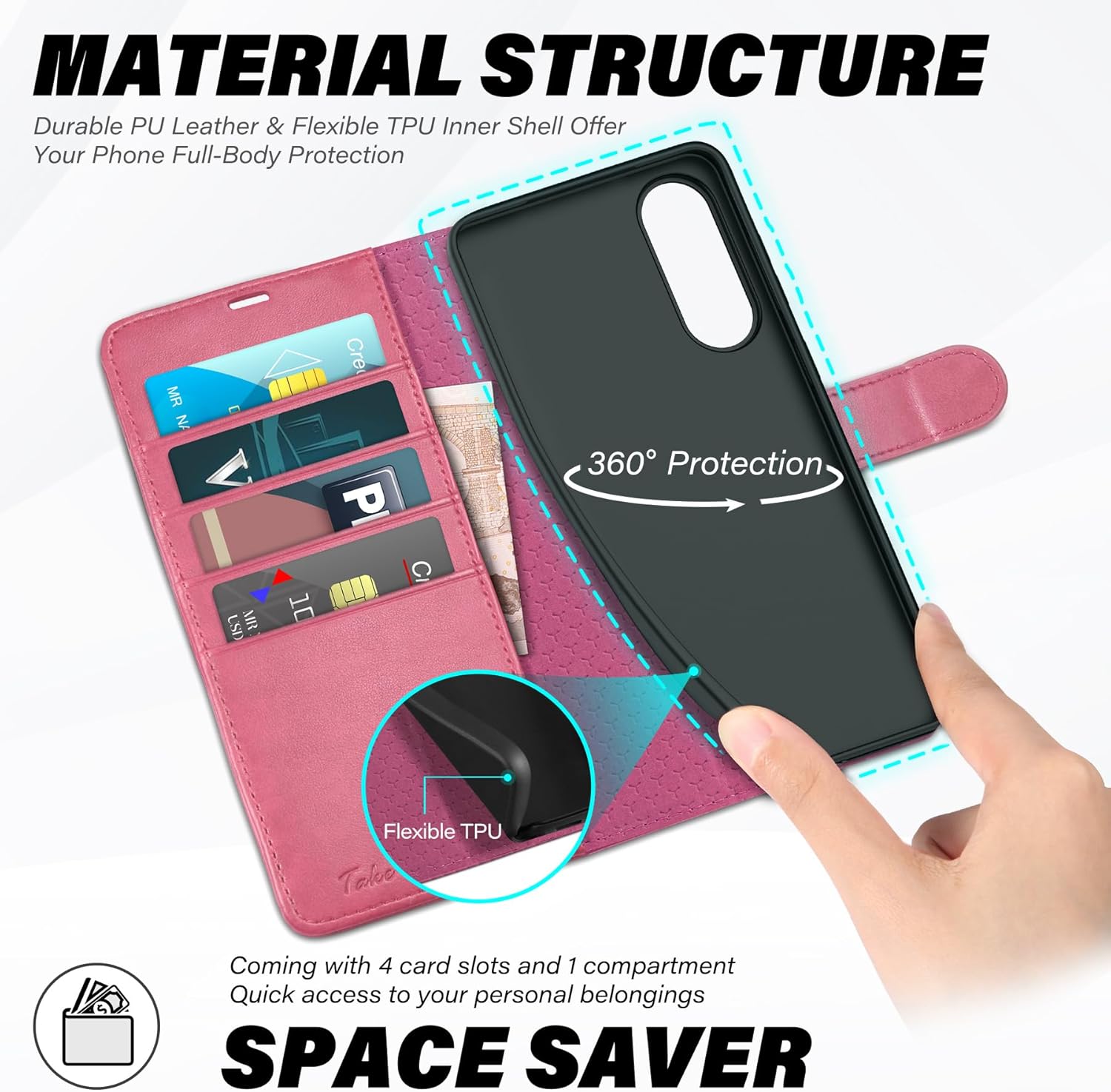 TUCCH Case Wallet for Galaxy S25 Edge, PU Leather Magnetic Kickstand [RFID Blocking] [4 Card Slots] Folio Flip Cover with [TPU Shockproof Interior Case] Compatible with Galaxy S25 Edge 6.7", Hot Pink