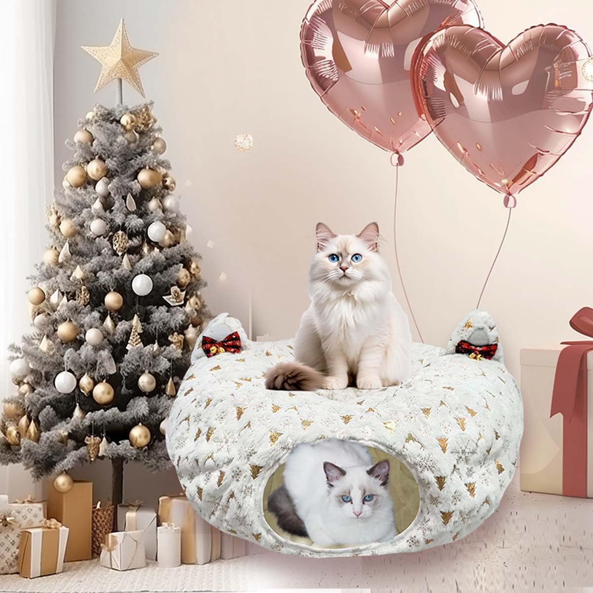 Cat Tunnel Bed & Tree Skirt - Christmas Edition, Suitable for Medium & Small Cats