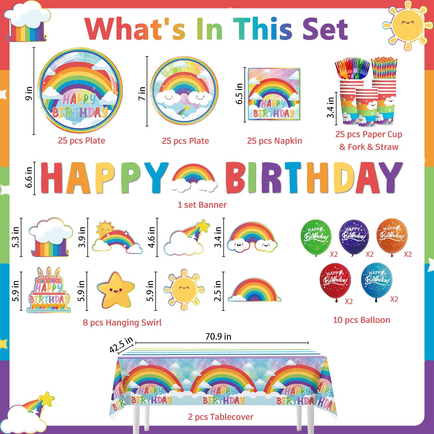 Cocomigo 179pcs Rainbow Birthday Decorations for Kids, Includes 300gsm Sturdy Plates and 2 Tablecloths Balloons Rainbow Happy Birthday Banner for Colorful Parties and Celebrations