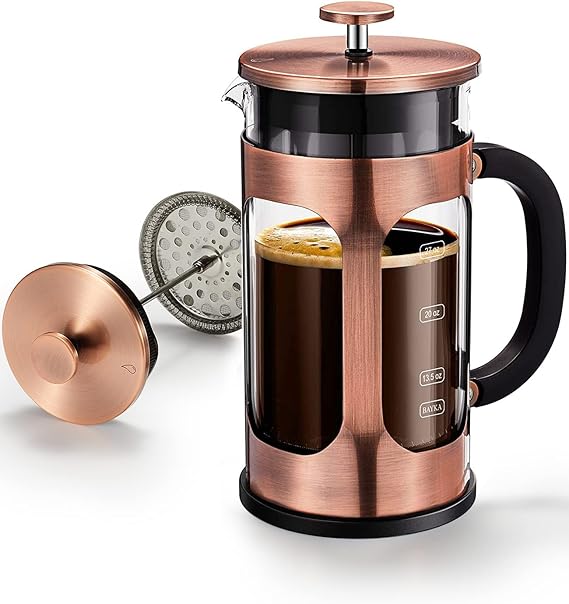 BAYKA French Press Coffee Maker, Glass Classic Copper 304 Stainless Steel Coffee