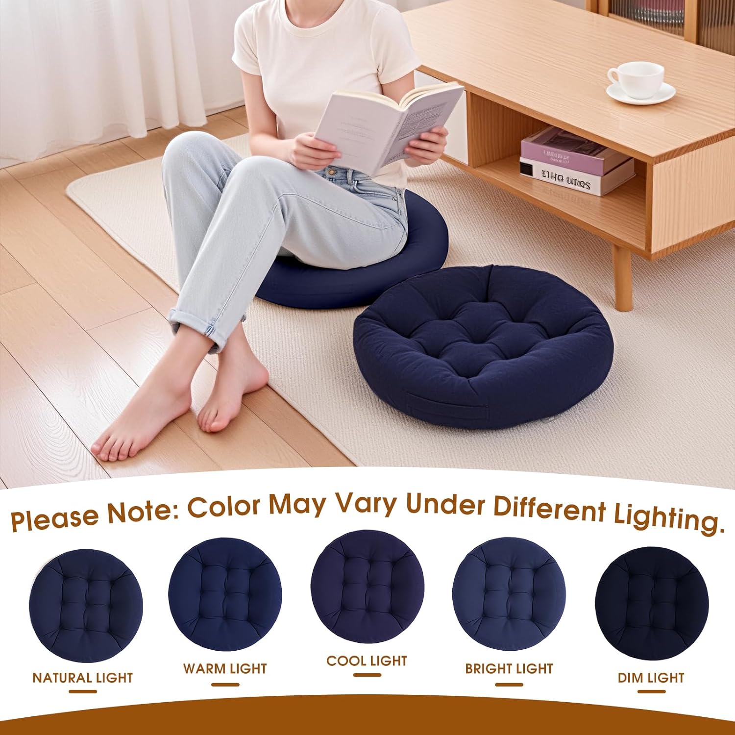 Floor Pillows for Adults, Meditation Cushions, 22x22 Inch Large Round Sitting Cushion Living Room Memory Foam Pillow for Sitting (1, Navy, 22x22x4 Inch)