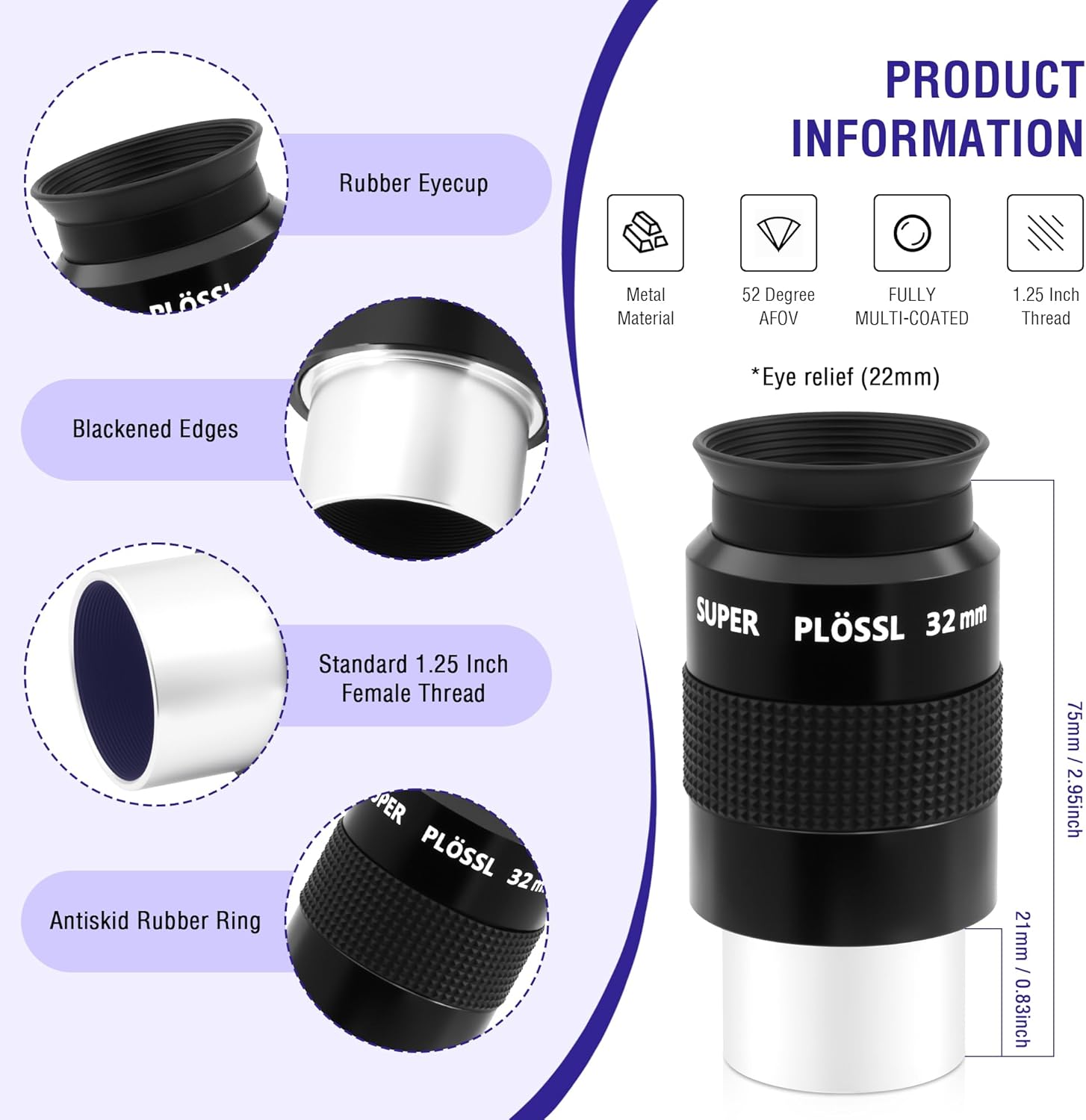 Astromania 1.25" 32mm Super Plossl Telescope Eyepiece - Bundle with - 1.25" 90°Diagonal with Amici Prism