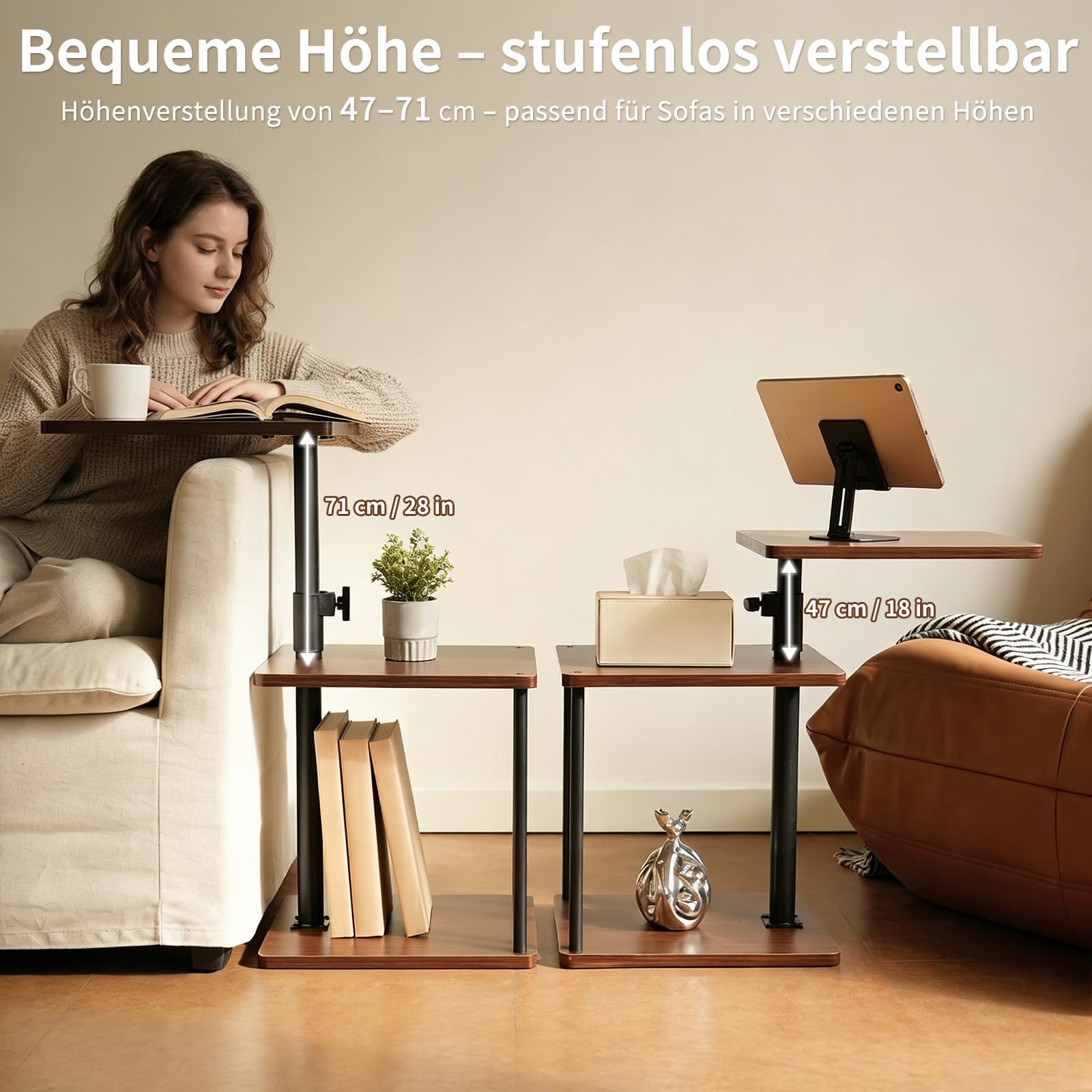 Beistelltisch auf Rollen mit Bremse, höhenverstellbar & 360° drehbar – Beistelltisch Couch/Side Table mit 3 Ablagen, stabilem Rohr, MDF Holzoptik, Walnuss