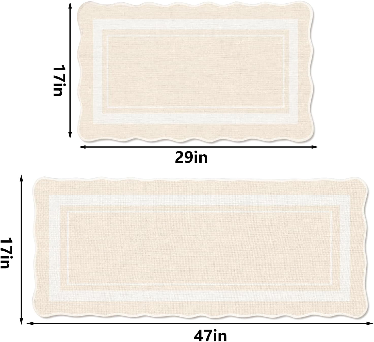 Whaline 2Pcs Scalloped Kitchen Mat Set, Beige White, 17 x 29 in, 17 x 47 in | Floor Mats, Non-Slip, Minimalist, Wavy Border, Door Rugs, Rectangular, Farmhouse, Kitchen Bathroom Front Door Decor
