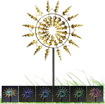 Solar Magic Windmill, Wind Yard Decorations 3D Wind Spinner, 13.4 x 71in Wind Mill,Gold