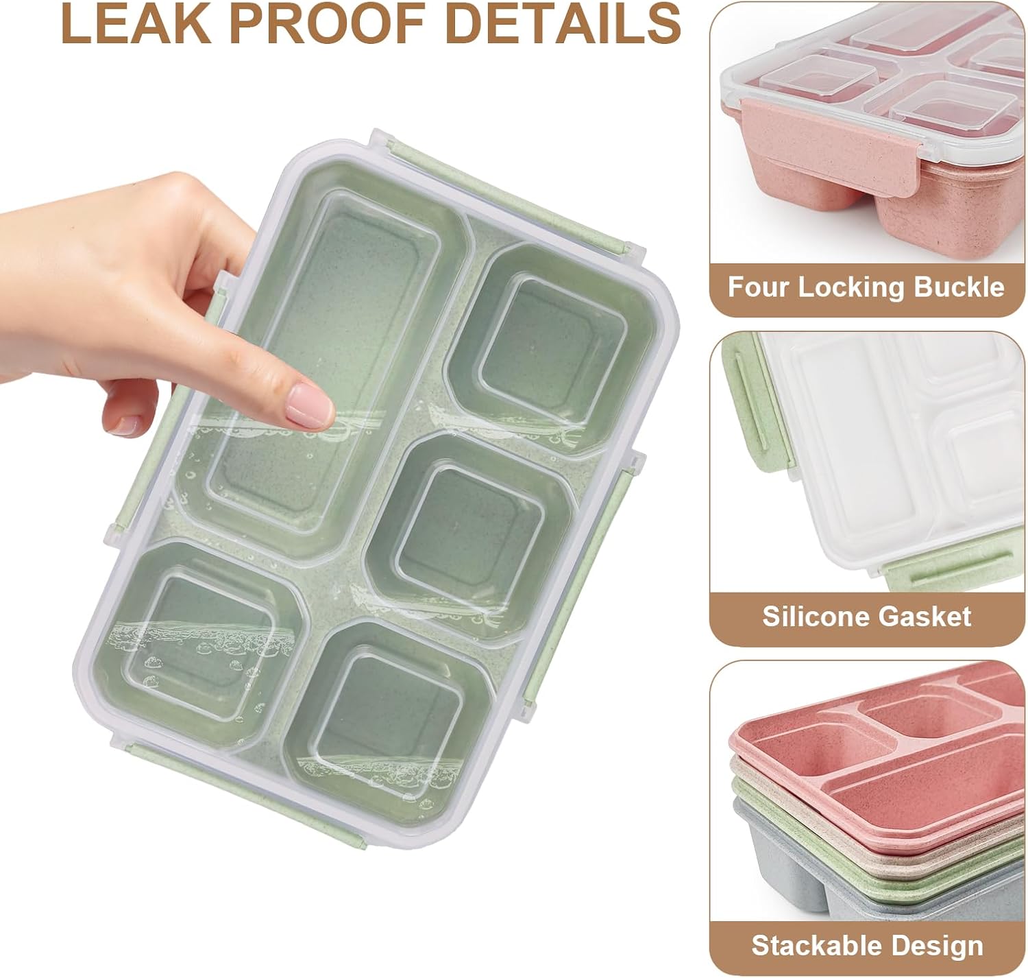 greenandlife 4 Pack Bento Lunch Box Set for Kids Adults, 5 Compartment Reusable Wheat Straw Meal Prep Food Storage Snack Containers, Microwave and Dishwasher Safe, INS - Image 3