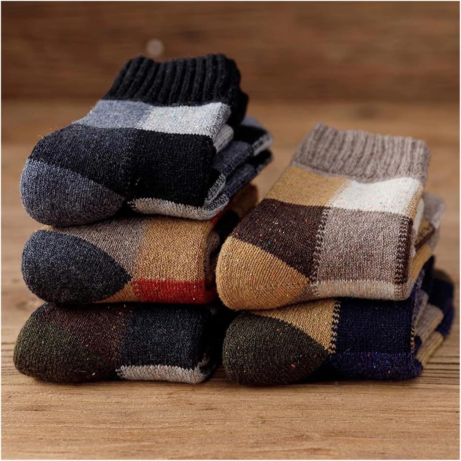 Winter Men's Thick Warm Wool Socks Plaid Harajuku Retro Large Size Snow Leisure Antifreeze Cashmere Long Socks 5 Pairs