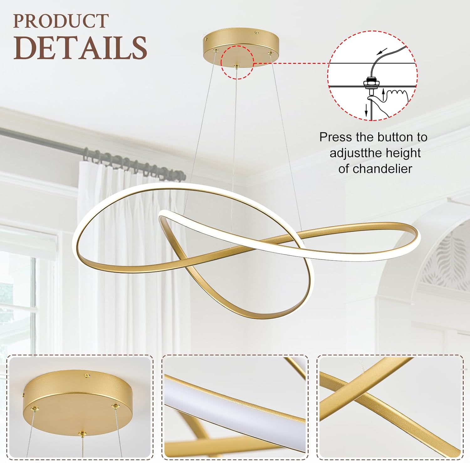 D31.5in Modern LED Chandelier Gold Ring Chandelier High Ceiling Contemporary with Dimmable Remote Control, LED Pendant Light Fixtures for Foyer Dining Room Kitchen Island, 3000-6500K