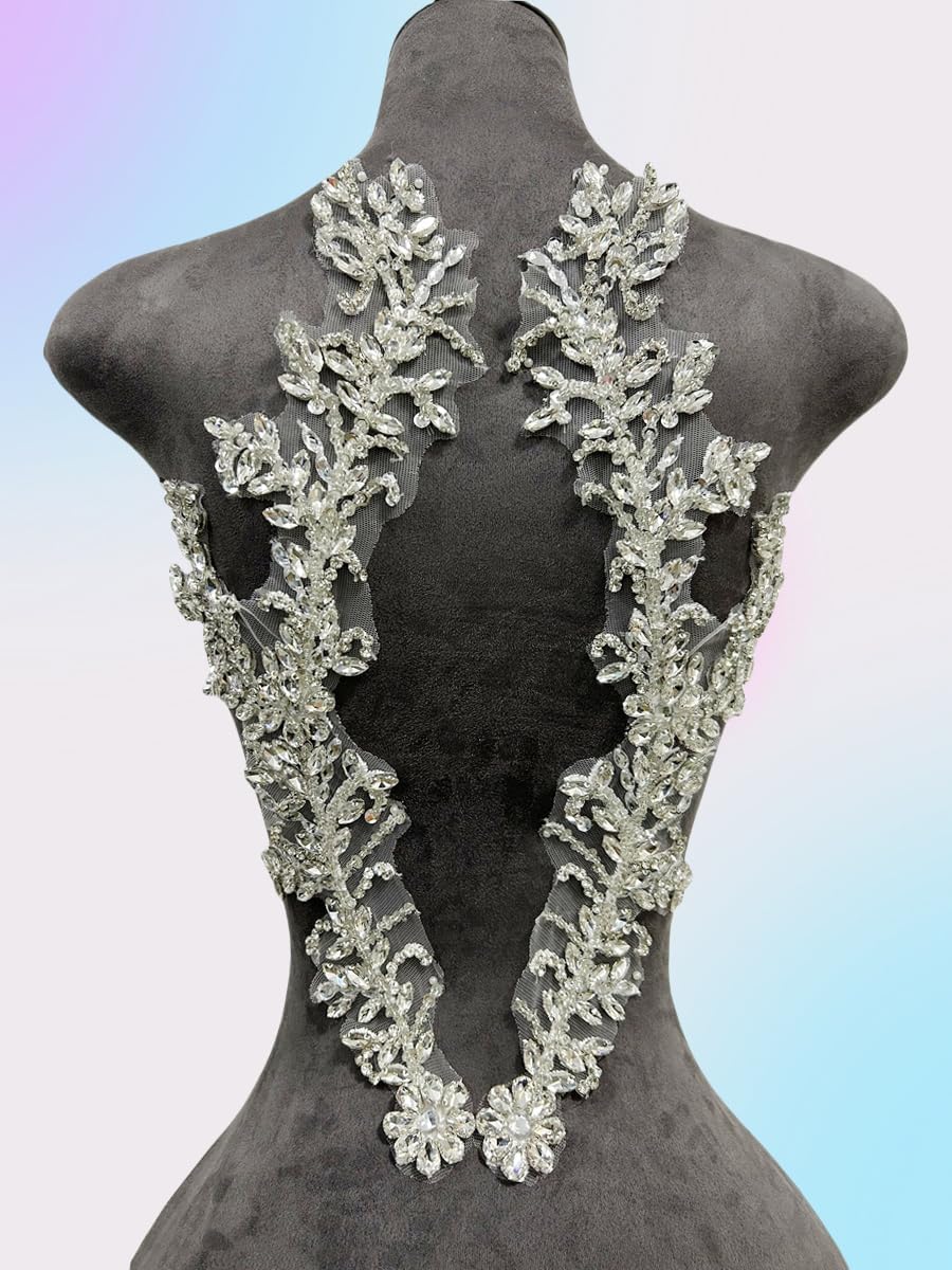 Handmade Beaded Crystal Patches with Rhinestone Applique Designs for Prom Formal Dress 1pair/Bag (Silver)