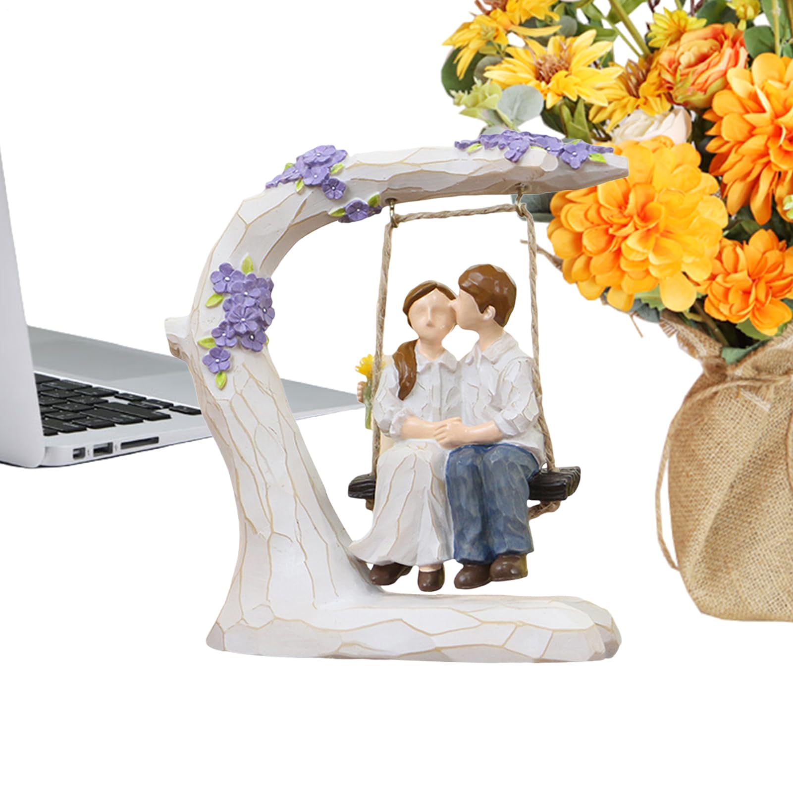Figurine couple sur balançoire en résine grise pour décoration de chambre