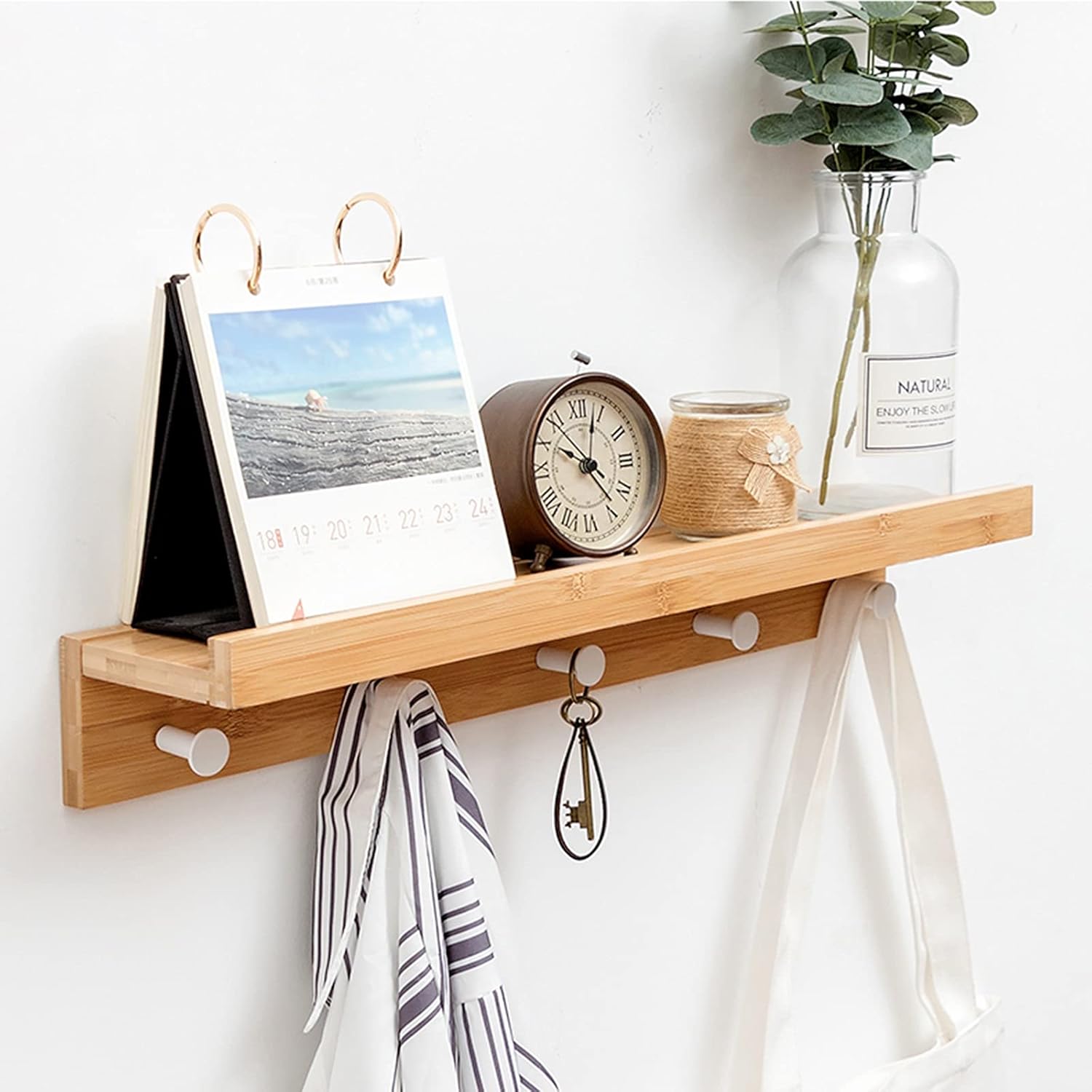 Wall Key Holder Organizer, Entryway Shelf, 5 Hooks, Easy to Clean, Floating Shelves, for Hallway, Bathroom, Living Room, Bedroom