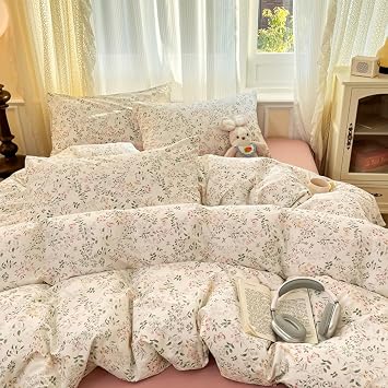 CCoutueChen Floral Duvet Cover Twin Beige 100% Cotton Duvet Cover Set for Girls Kids Garden Botanical Green Leaf Bedding Set Soft Breathable Flower Butterfly Bedding with 1 PillowcaseNo Comforter