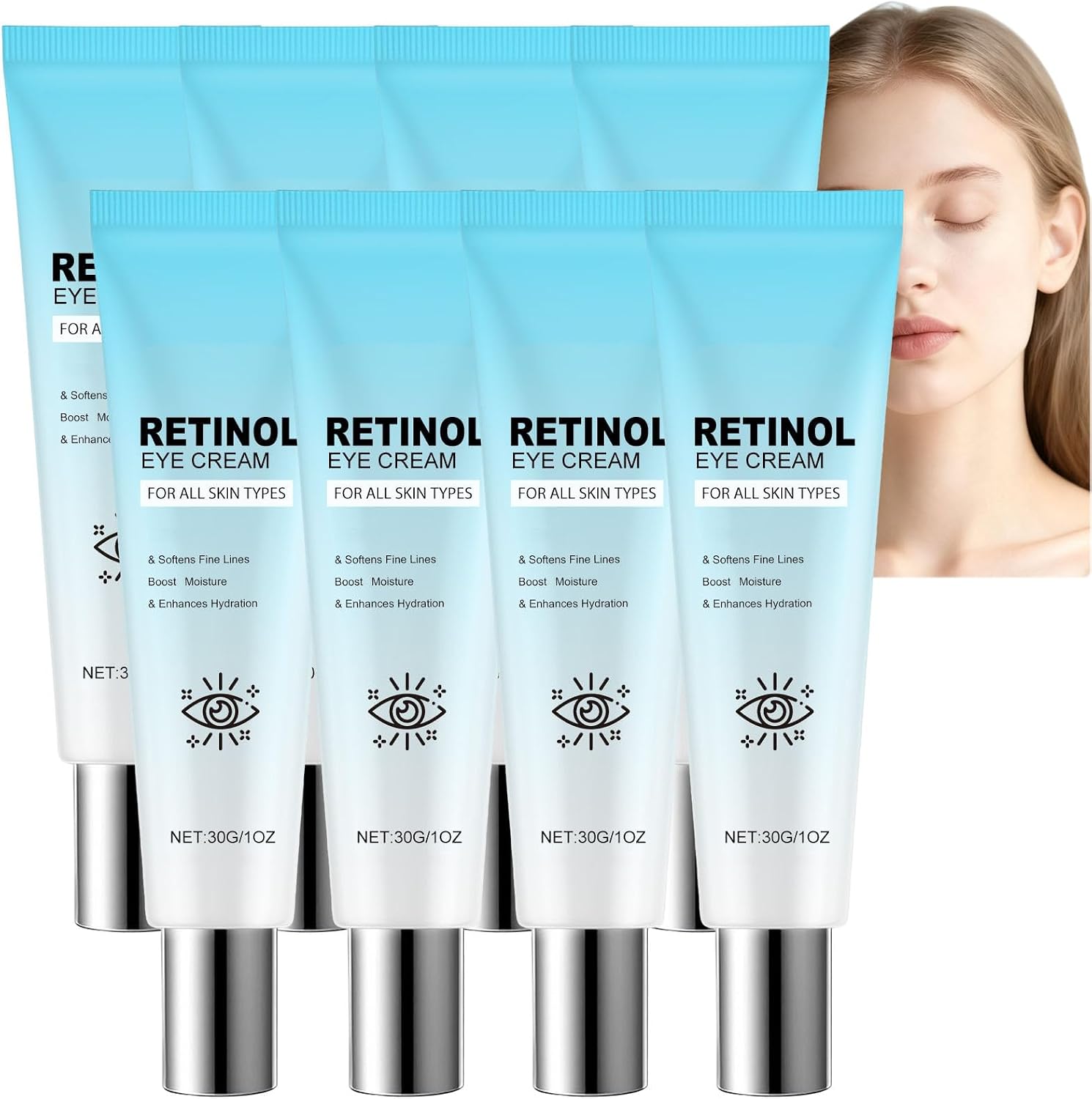 Retinol krem pod oczy pod oczy na cienie i obrzęk, przeciwstarzeniowe serum pod oczy z kofeiną, kwasem hialuronowym i retinolem, przeciwzmarszczkowy rozświetlacz Auge, krem Auge Kofeina (8 sztuk)