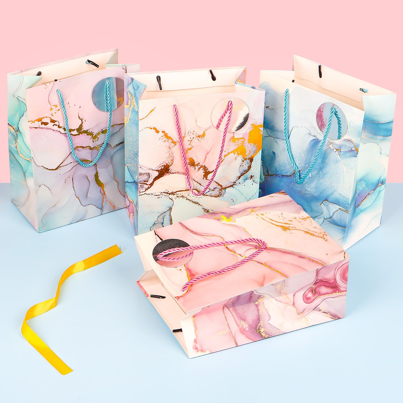 Bolsas de regalo de tamaño mediano, paquete de 4 bolsas de papel de mármol de 9 pulgadas con papel de seda para compras, negocios, cumpleaños, boda, baby shower, fiesta de Navidad (mármol)