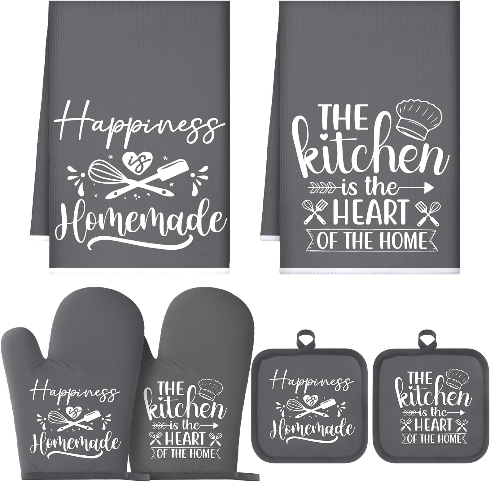 Sratte 6 Pcs Kitchen Decor Accessories Set Farmhouse Towels Pot Holders Oven Mitts Set 2 Dish Towels 2 Potholders 2 Cooking Mittens Oven Glove for Christmas Baking Cooking Supply(Dark Gray,Kitchen)