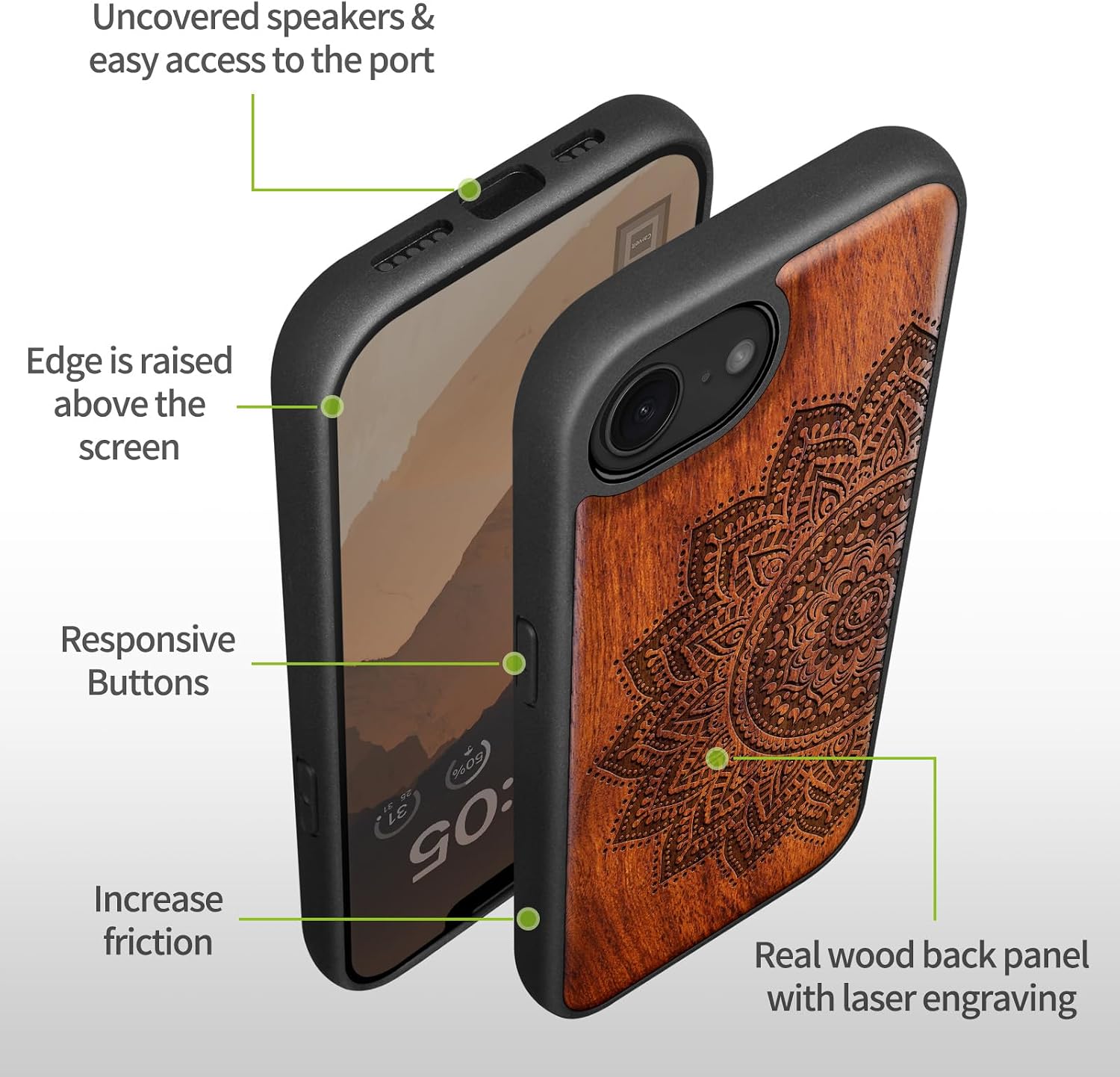 Carveit Magnetic Wooden Case for iPhone 16e / 17e, Solid Wood & Black TPU, Artisan Engraved Design, Shockproof Cover, Compatible with MagSafe Wireless Chargers, Mandala Art - Rosy