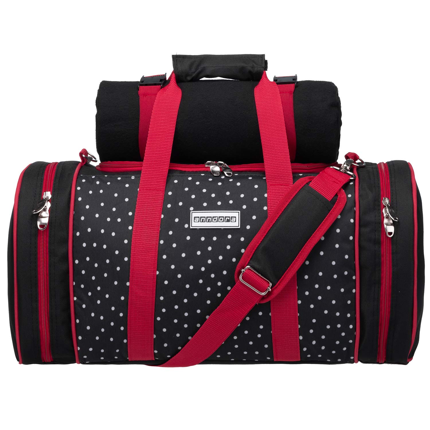 anndora Picknick Kühltasche + Decke + Zubehör schwarz weiß gepunktet