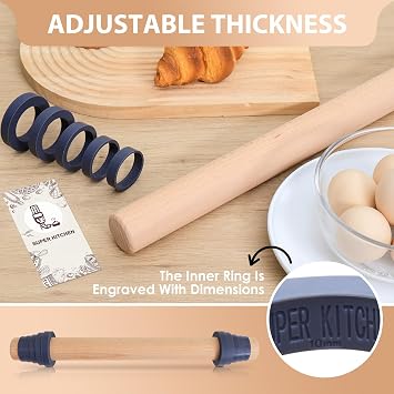 Super Kitchen Adjustable Wooden Rolling Pin with Thickness Rings for Baking