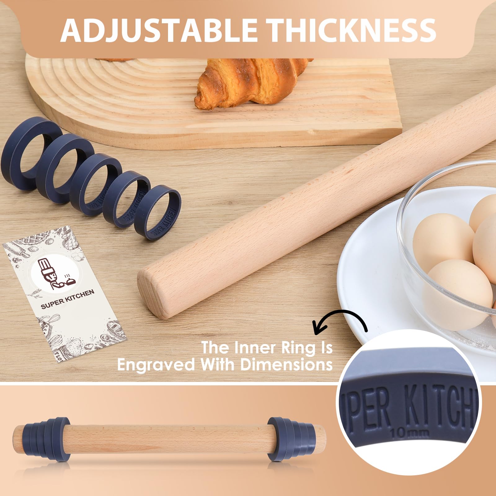 SUPER KITCHEN Drewniany Regulowany Wałek do Ciasta w 5 Rozmiarach 45 cm | z Grubymi Pierścieniami do Masy Cukrowej Pizzy i Makaronu Akcesorium Piekarnicze