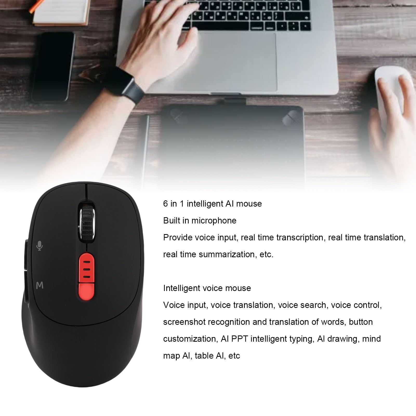 Bewinner M9 AI Sprachmaus für GPT, 6-in-1 Kabellose Maus mit Spracheingabe und Übersetzung, Leise, Ergonomische Bluetooth-Mäuse, Wiederaufladbar mit 3-Modus-Konnektivität für PC (Black)