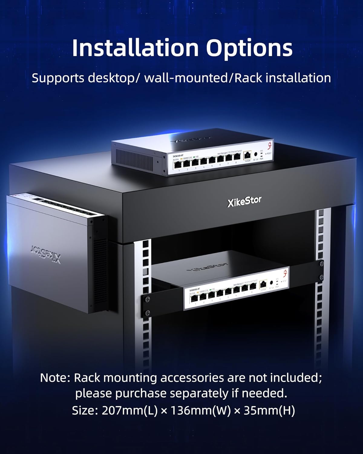 L3 Managed 8 Port 10G Ethernet Switch, 10Gb Network Switch with 8X RJ45 Ports, DHCP/OSPF/BGP/RIP/VLAN/ACL/LACP/ARP/IGMP Supported, Built-in Smart Fan, Desktop/Wall-Mount