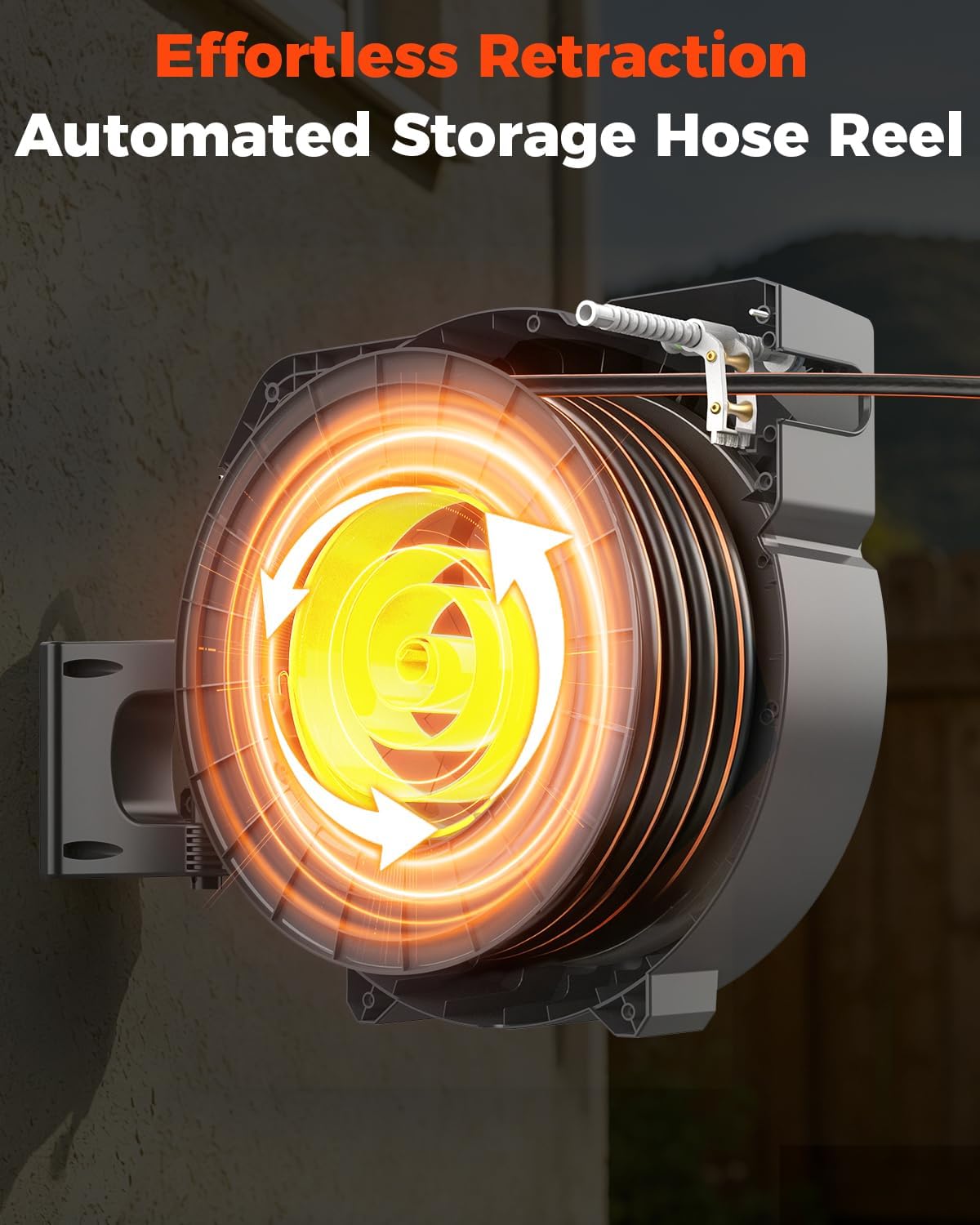 130 ft x 1/2 inch Retractable Garden Hose Reel PRO Metal Bracket Any Length Lock 9 Pattern Nozzle Wall-Mounted Automatic Slow Return 180° Swivel UV Resistant Heavy Duty Hose Reels for Outside