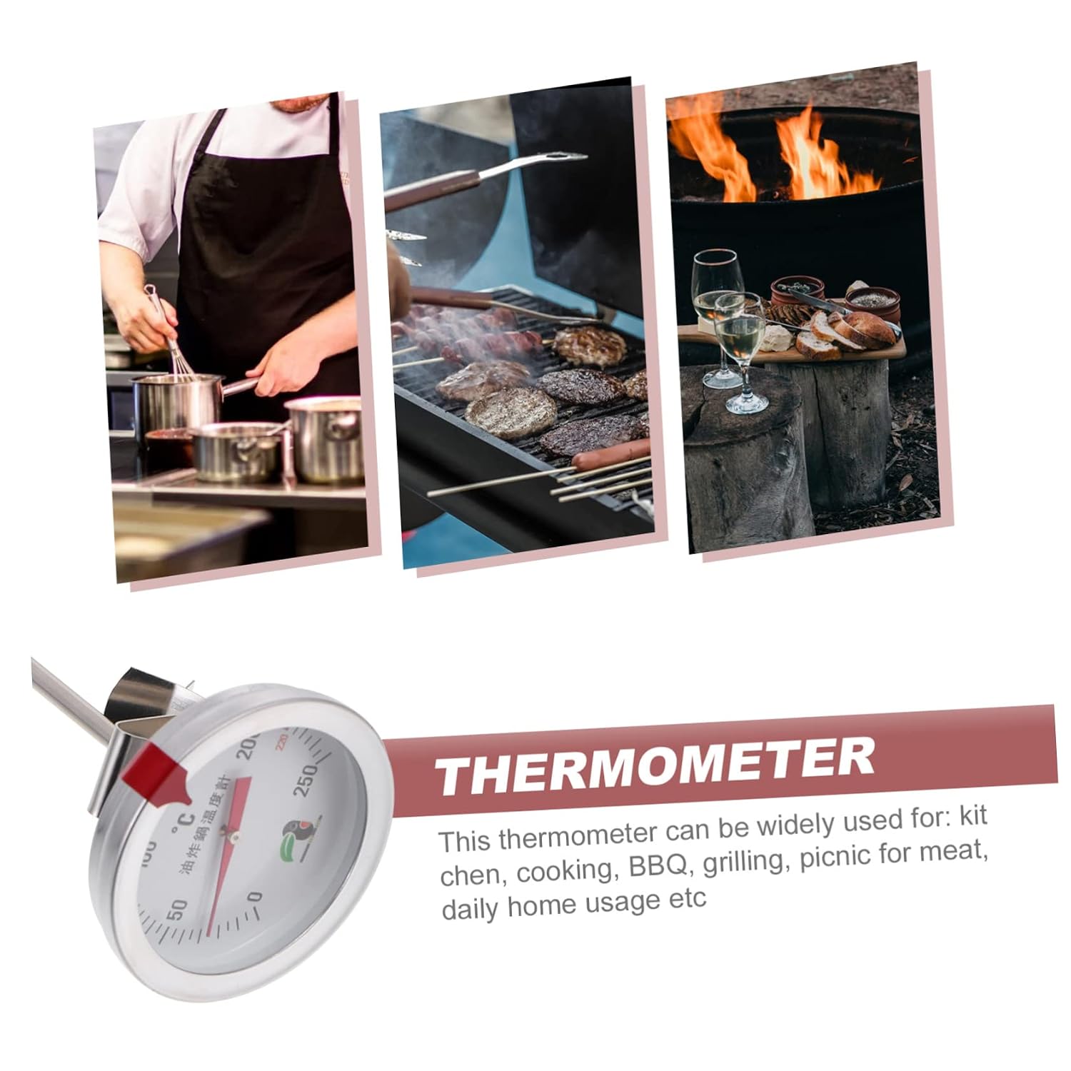 STOBAZA 4pcs Stainless Steel Probe Thermometer for Kitchen Cooking Accurate Food Temperature Gauge Dial No Battery Required for Frying and Grilling