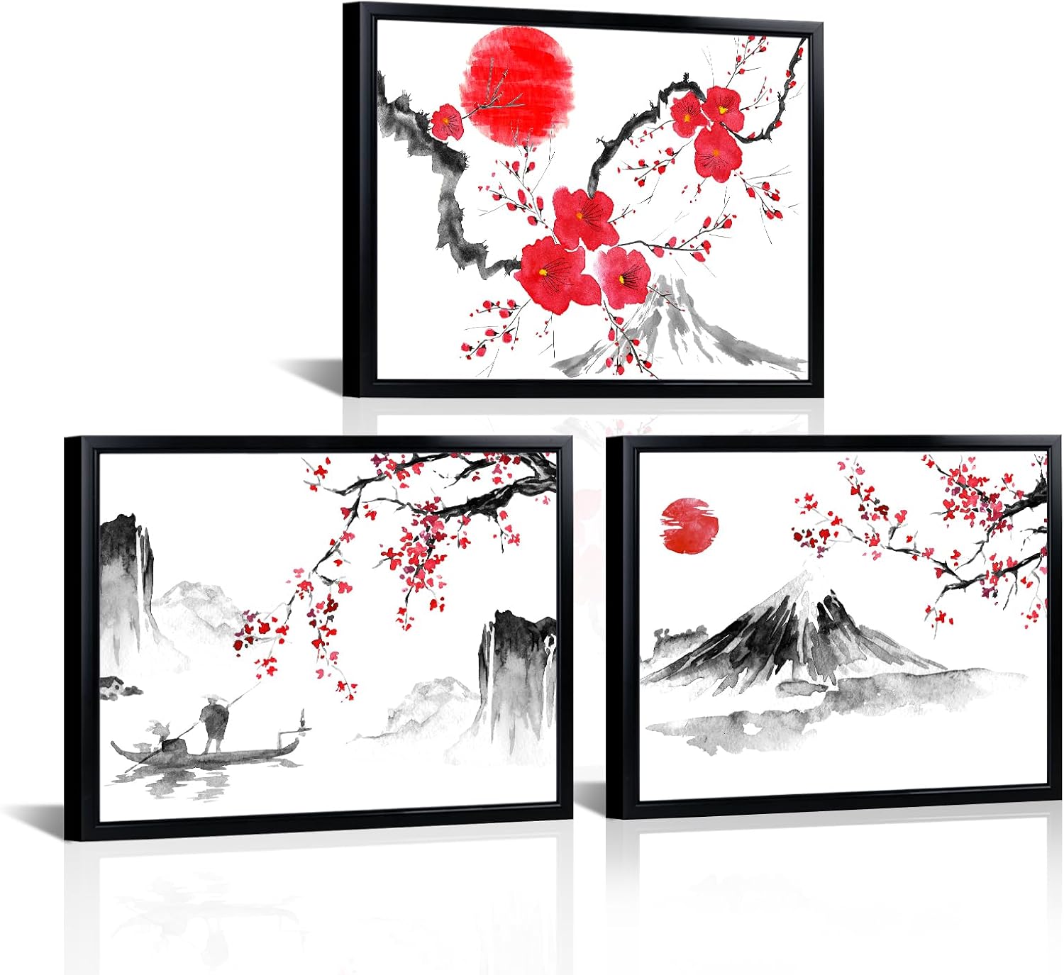VANSEEING Japanese Ink Painting Wall Art Canvas Prints Mount Fuji with Sun Red Plum Blossom Landscape Pictures Asian Aesthetic Framed Artwork Living Room Black Frame 12x16inchx3