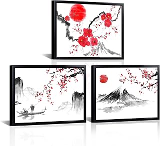 VANSEEING Japanese Ink Painting Wall Art Canvas Prints Mount Fuji with Sun Red Plum Blossom Landscape Pictures Asian Aesthetic Framed Artwork Living Room Black Frame 12x16inchx3