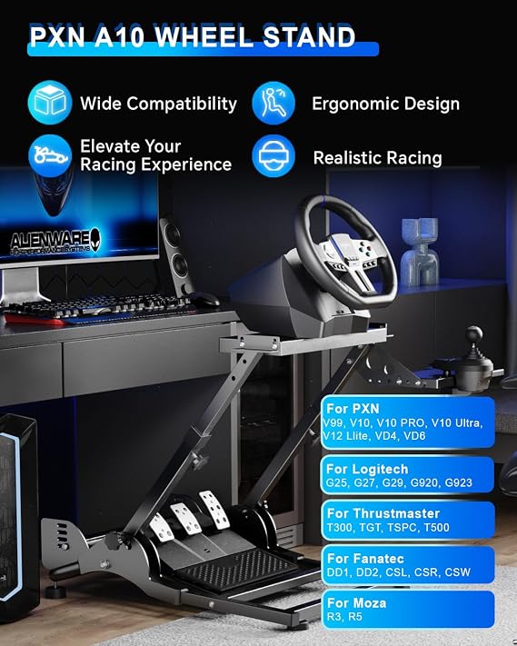 PXN A10 Gaming Steering Wheel Stand – 11Kg Foldable and Adjustable Racing Wheel Stand V99, V10 Ultra, VD4, VD6; for G29, G920, G923; for G29, G920, G923; for T300, TGT, TSPC, T500; for R3, R5