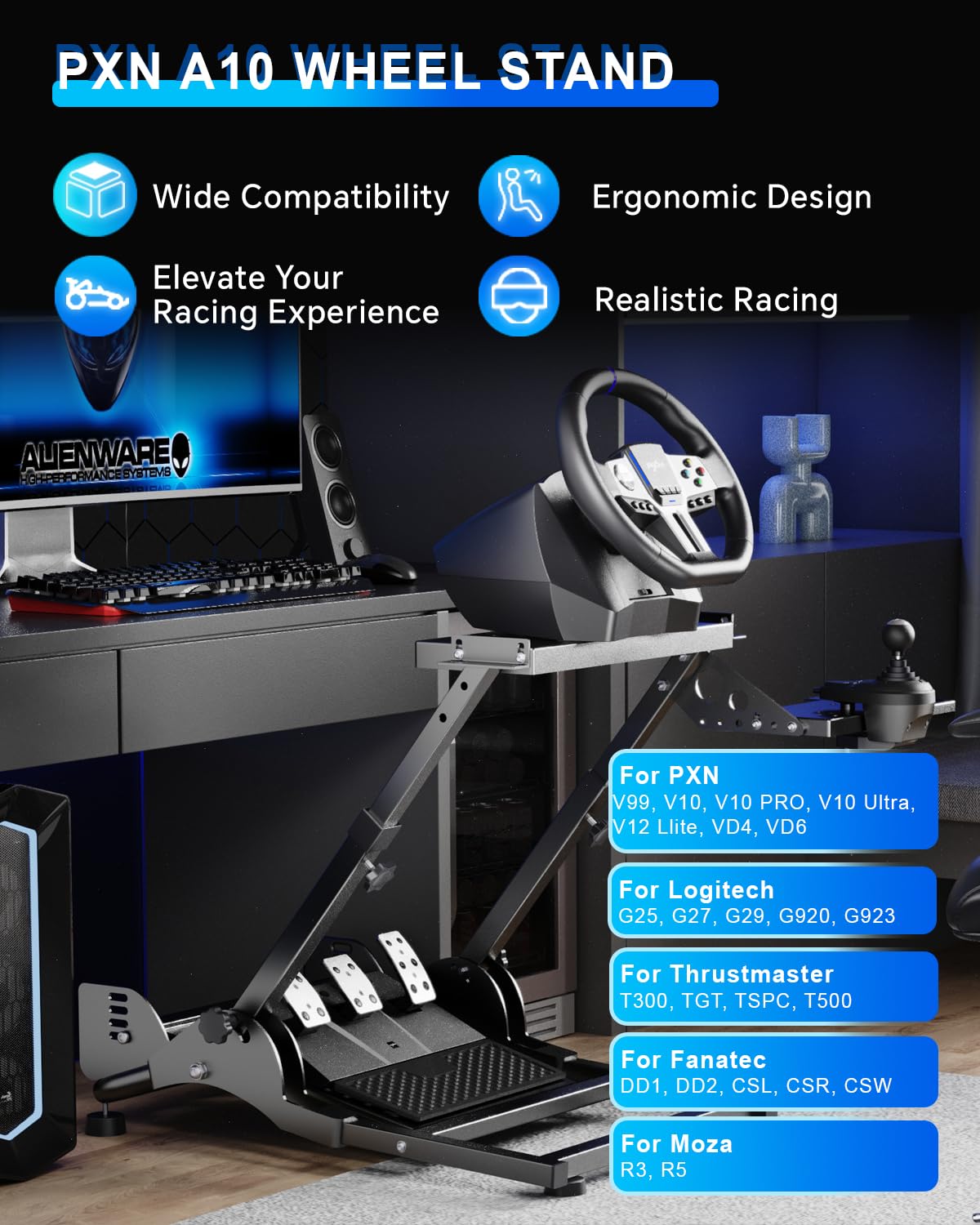 PXN A10 Gaming Lenkradständer – Faltbarer Verstellbarer Racing Lenkrad Ständer für G25 G27 G29 G920 G923 T248 T300RS T500RS TS-PC