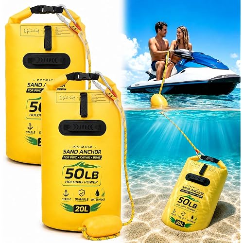 2 Pack 20L Sand Anchor Bags, 2 in 1 Jet Ski & PWC Anchor Kit with Adjustable Buoys, Waterproof Dry Bag for Kayak, Paddle Board, Small Boat and Watercraft