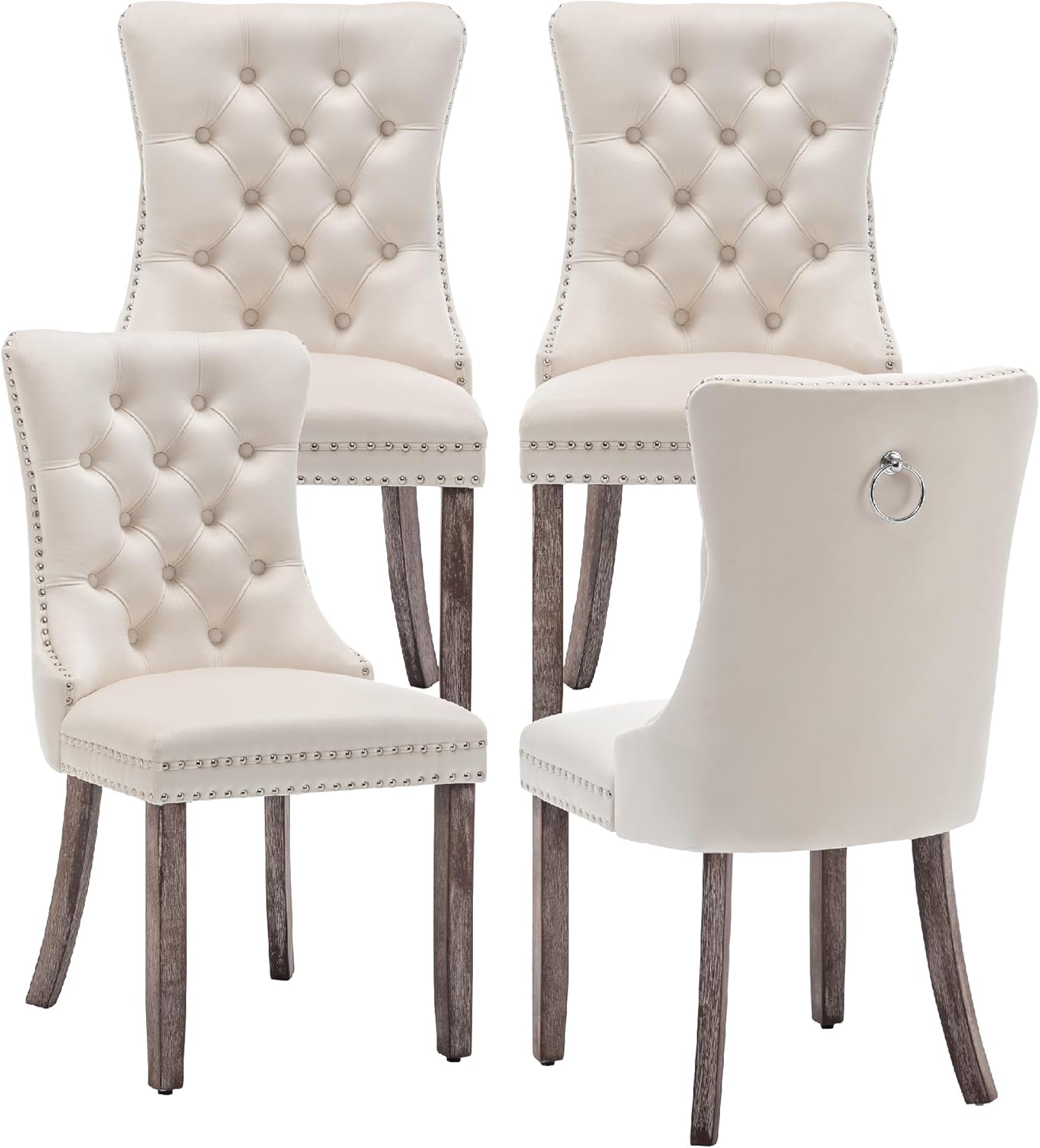 Kiztir Velvet Dining Chairs Set of 4, Upholstered Dining Room Chairs with Ring Pull Trim and Button Back, Luxury Tufted Dining Chair for Living Room, Bedroom, Kitchen (Beige)