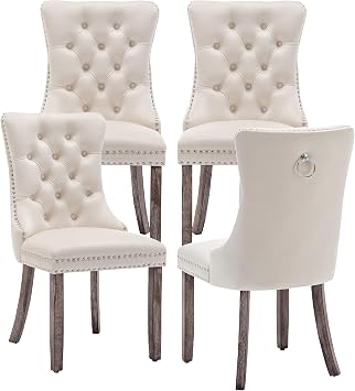 Velvet Dining Chairs, Tufted Kitchen & Dining Room Chairs, Beige, Set of 4 | Dining Chairs Set of 4, Velvet Fabric, High Wing Back, Metal Pull Ring, Wood Frame, Mid Century Modern