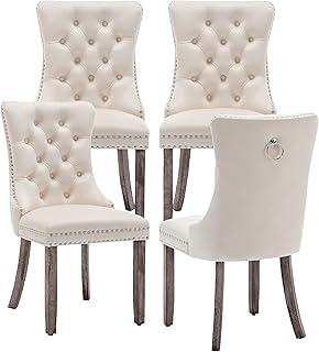 Kiztir Velvet Dining Chairs Set of 4, Upholstered Dining Room Chairs with Ring Pull Trim and Button Back, Luxury Tufted Dining Chair for Living Room, Bedroom, Kitchen (Beige)