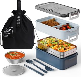 Bento Box and Lunch Bag Kit for Kids, Adult Reusable Insulated Lunch Boxs Thermal Tote Bag, 2 Layer 1200ml Large Capacity Stainless Lunch Boxes for Work, School, Travel(Blue)