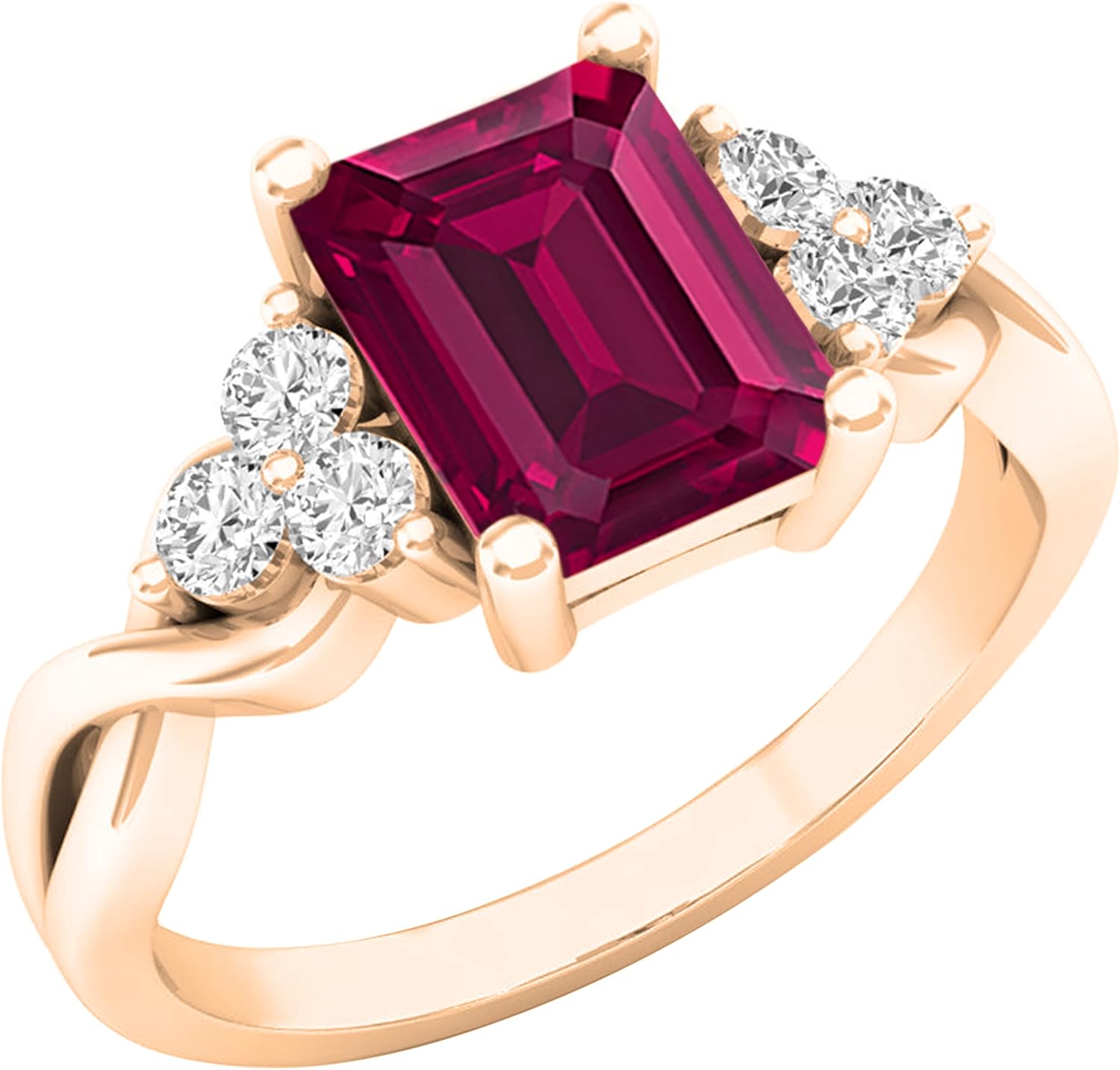 Dazzlingrock Collection 8x6mm Emerald Shape Lab Created Ruby & Round Lab Created White Sapphire Crisscross Shank Engagement Ring for Women in 10K Real Solid Gold