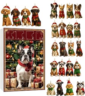 Calendario de Navidad con colgante de perro de Adviento de 24 días, de perro, calendario de Navidad 2025, para decoración del hogar y árbol de ventana