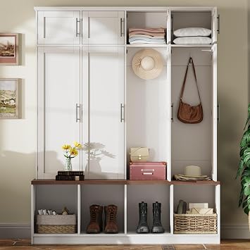 Versatile Hall Tree with 4 Hanging Hooks, Brown Wood Grain Bench with Multiple Storage Space, Entryway Cabinet with Open Compartments for Living Room, Hallway, White White Style2