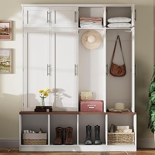Farmhouse Hall Tree with 4 Hidden Hanging Hooks, Versatile Walnut Seating Bench with 8 Doors, Entryway Shoe Cabinet with Open Compartments for Living Room, (White)