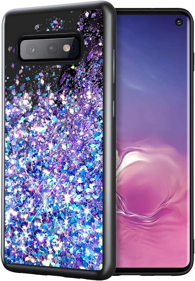 Caka Glitter Case for Galaxy S10e Phone Case for Women Girls Bling Liquid Sparkle Luxury Fashion Flowing Floating Glitter Girly Black TPU Case for Samsung Galaxy S10e (Blue Purple)