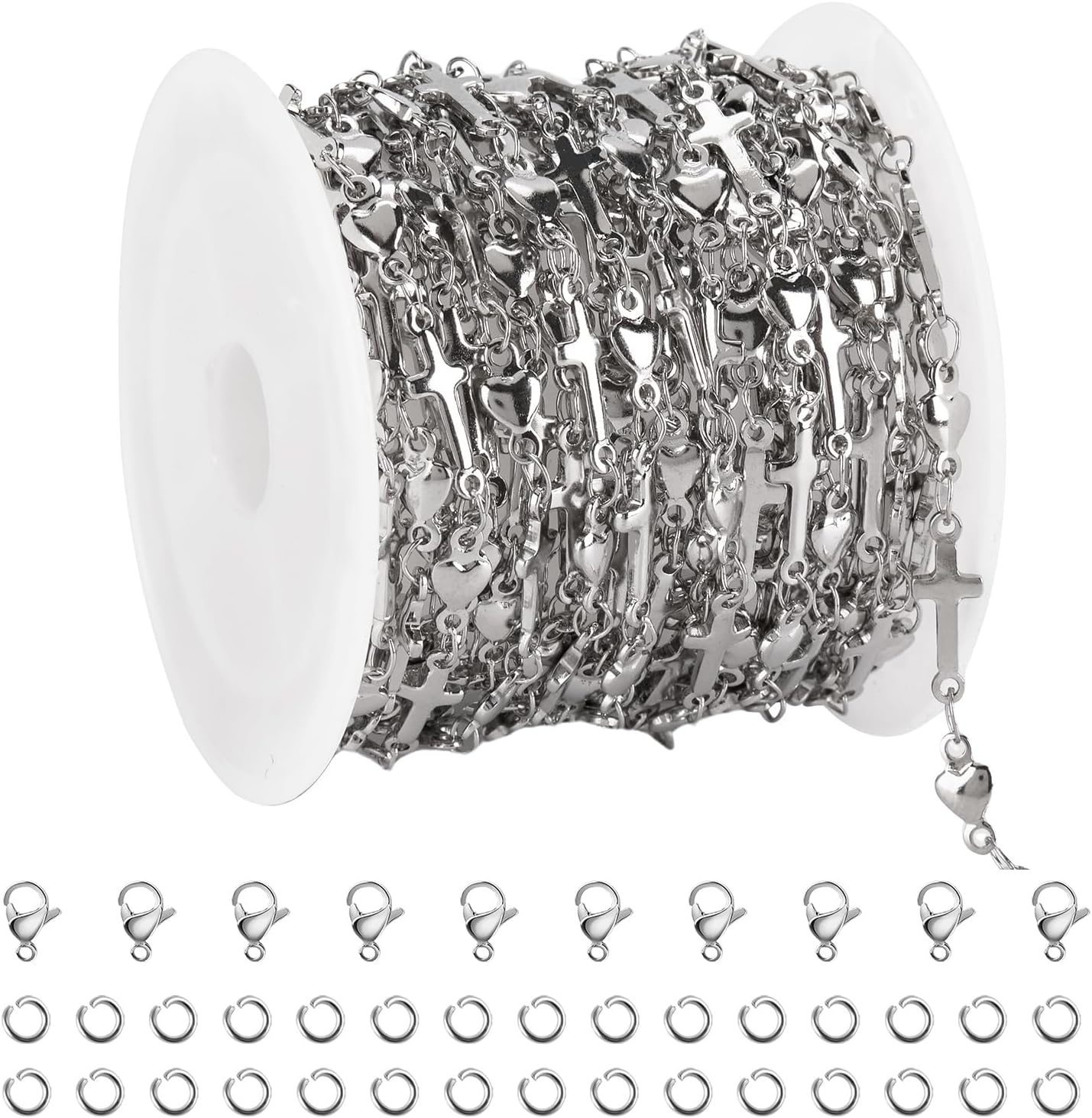 YOUBEIYEE 13 Feet Stainless Steel Jewelry Making Chains Cross Heart Link Chains Bulk for Women Necklace DIY with Jewelry Accessories