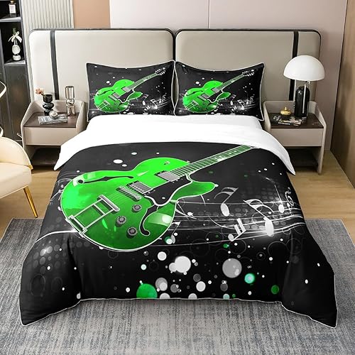 Miniatura 10 de Funda de edredón de guitarra, 100% algodón natural, tamaño King, temática musical, retro, nota musical, funda de edredón para adolescentes y Multi